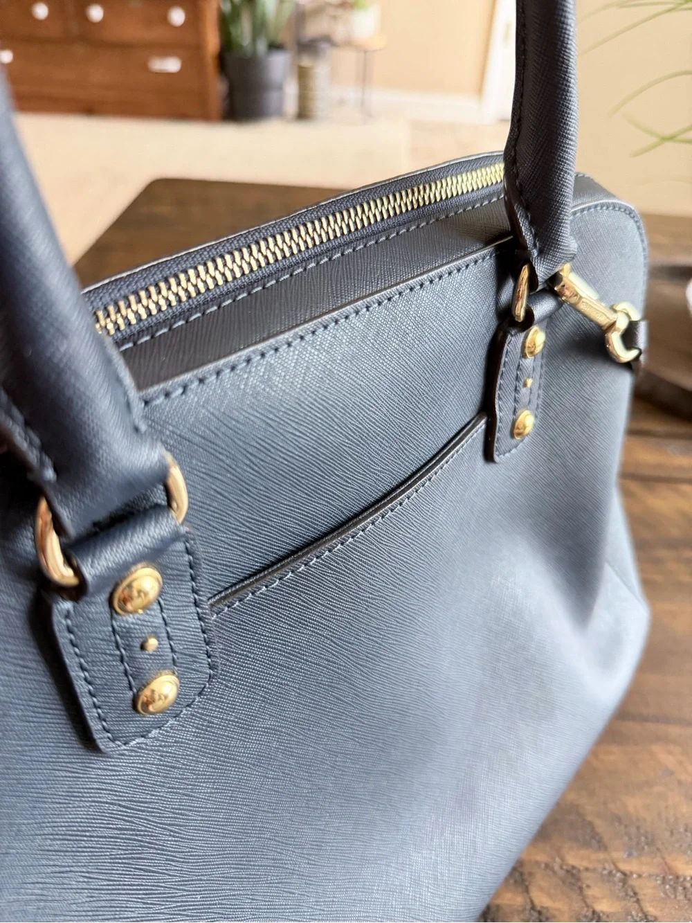 Michael Kors Navy Saffiano Satchel with Gold Hardware